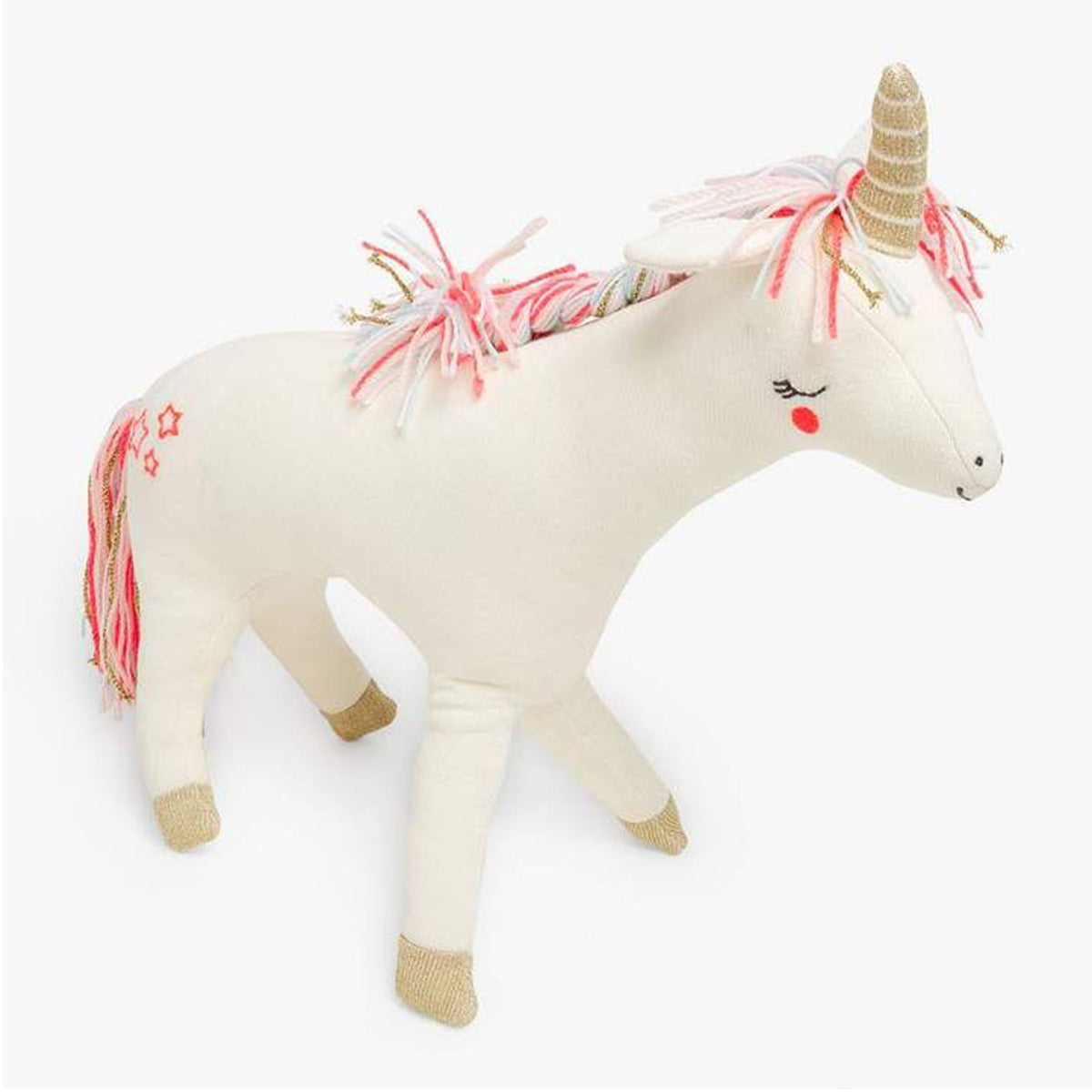 Meri Meri white unicorn soft toy with pink and gold yarn mane, gold horn and star embroidery, angled view on white background
