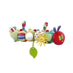 Colorful Very Hungry caterpillar shaped baby toy with various textures and mirrors on a white background