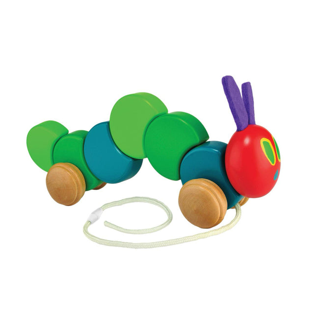 Colourful caterpillar-shaped wooden baby pull toy with wooden green segments and a red head on a white background