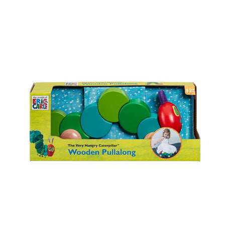 Colourful caterpillar-shaped wooden baby pull toy with wooden green segments and a red head in a colourful box packaging on a white background
