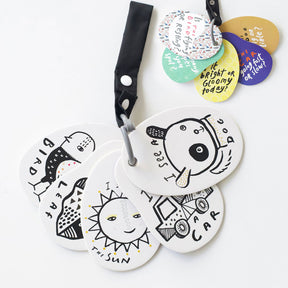 Baby and toddler art cards with black and white pictures and strap to attach to pram