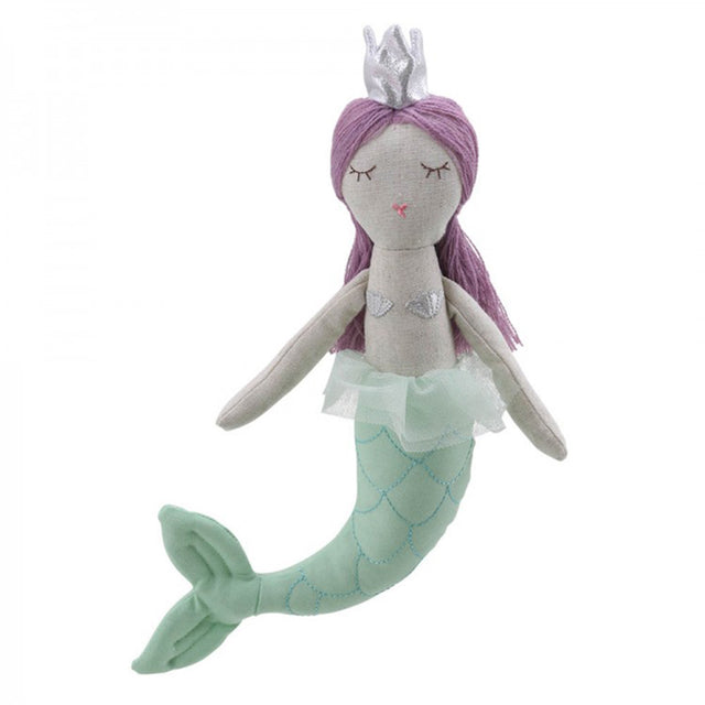 Stuffed mermaid toy with purple hair and a silver crown and green tail on a white background