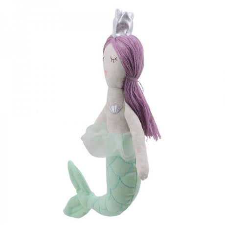 Stuffed mermaid toy with purple hair and a silver crown and green tail on a white background