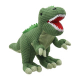 Wilberry Knitted T-Rex green dinosaur soft toy with open mouth, side view on white background