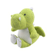 A green knitted dragon soft toy with a hood and wings, designed for children.