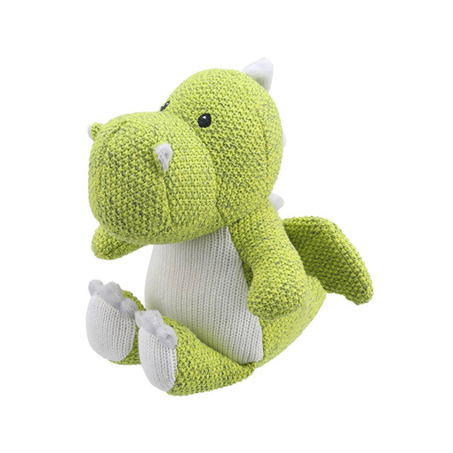 A green knitted dragon soft toy with a hood and wings, designed for children.