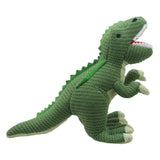 Wilberry Knitted T-Rex plush dinosaur showing textured knit and green spines along back, side profile