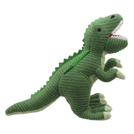 Wilberry Knitted T-Rex plush dinosaur showing textured knit and green spines along back, side profile