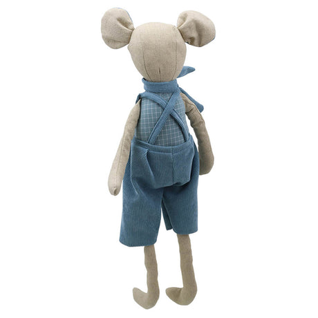 Stuffed toy mouse in blue overalls and neck tie on a white background