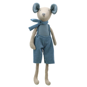 Stuffed toy mouse in blue overalls and neck tie on a white background