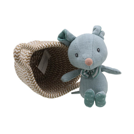 Blue plush mouse toy with a woven basket on a white background