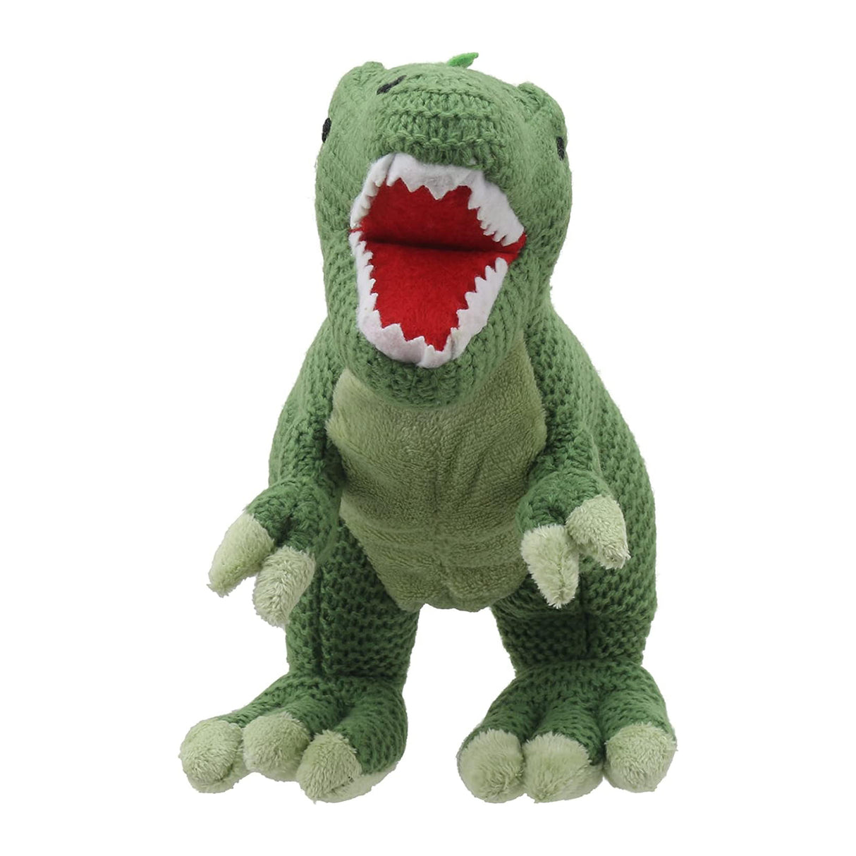 Wilberry Knitted T-Rex green soft toy dinosaur facing forward with open roaring mouth, white background