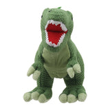 Wilberry Knitted T-Rex green soft toy dinosaur facing forward with open roaring mouth, white background
