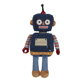 A dark blue robot toy with a striped shirt and brown feet, made of soft textiles.