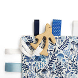 Baby wooden rabbit teething toy with fabric blue and white patterned fabric taggy comforter
