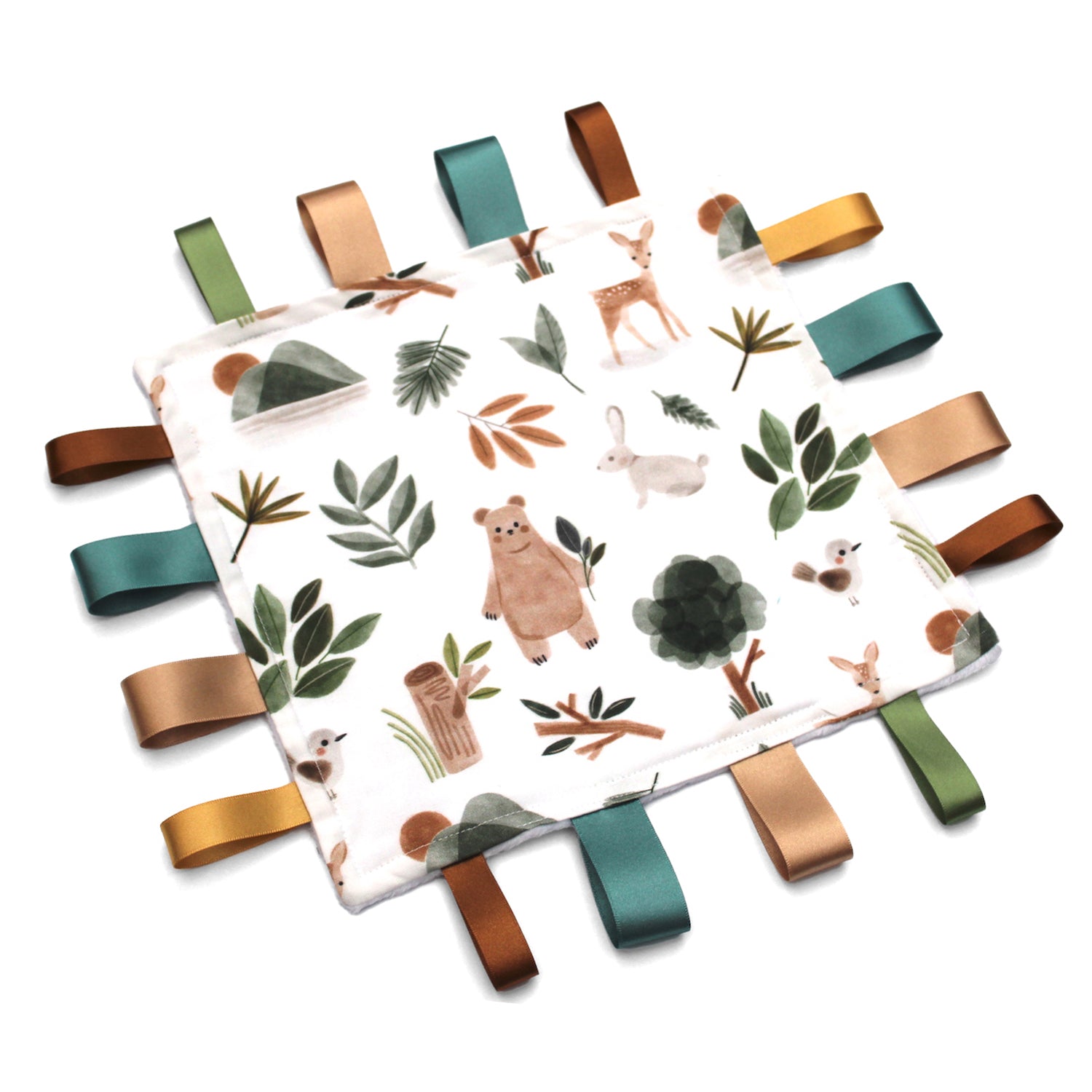 Fabric baby taggy blanket with woodland animal, trees and leaves on a white background