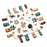 Fabric baby taggy blanket with woodland animal, trees and leaves on a white background