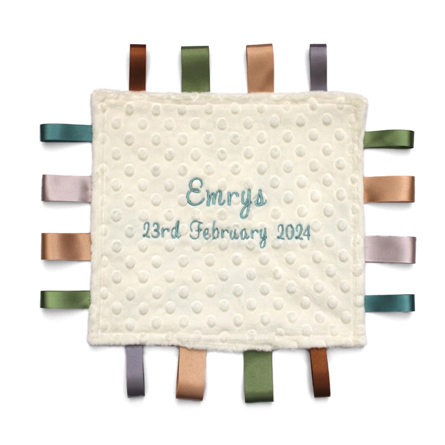 Baby comfort blanket with embroidered name and date on a white background