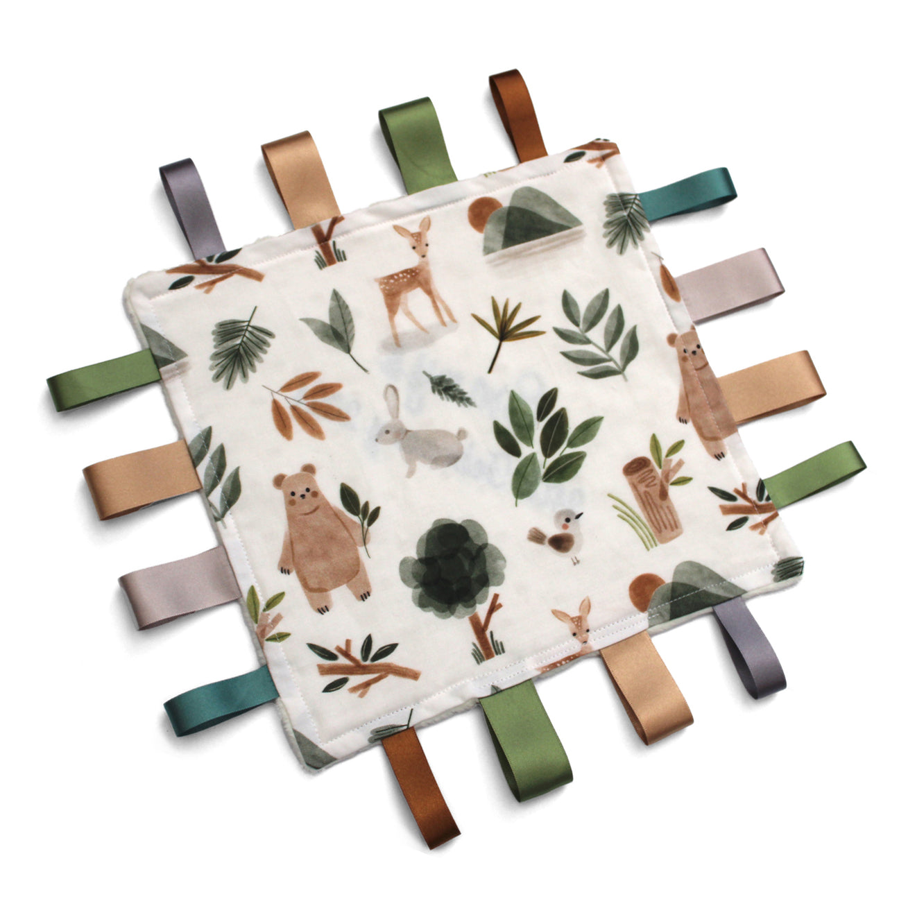 Fabric taggy blanket with woodland animal, trees and leaves on a white background