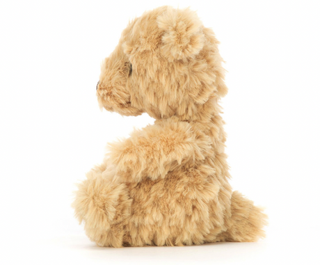 A small, plush, brown teddy bear with a tuft of honey-colored fur, 