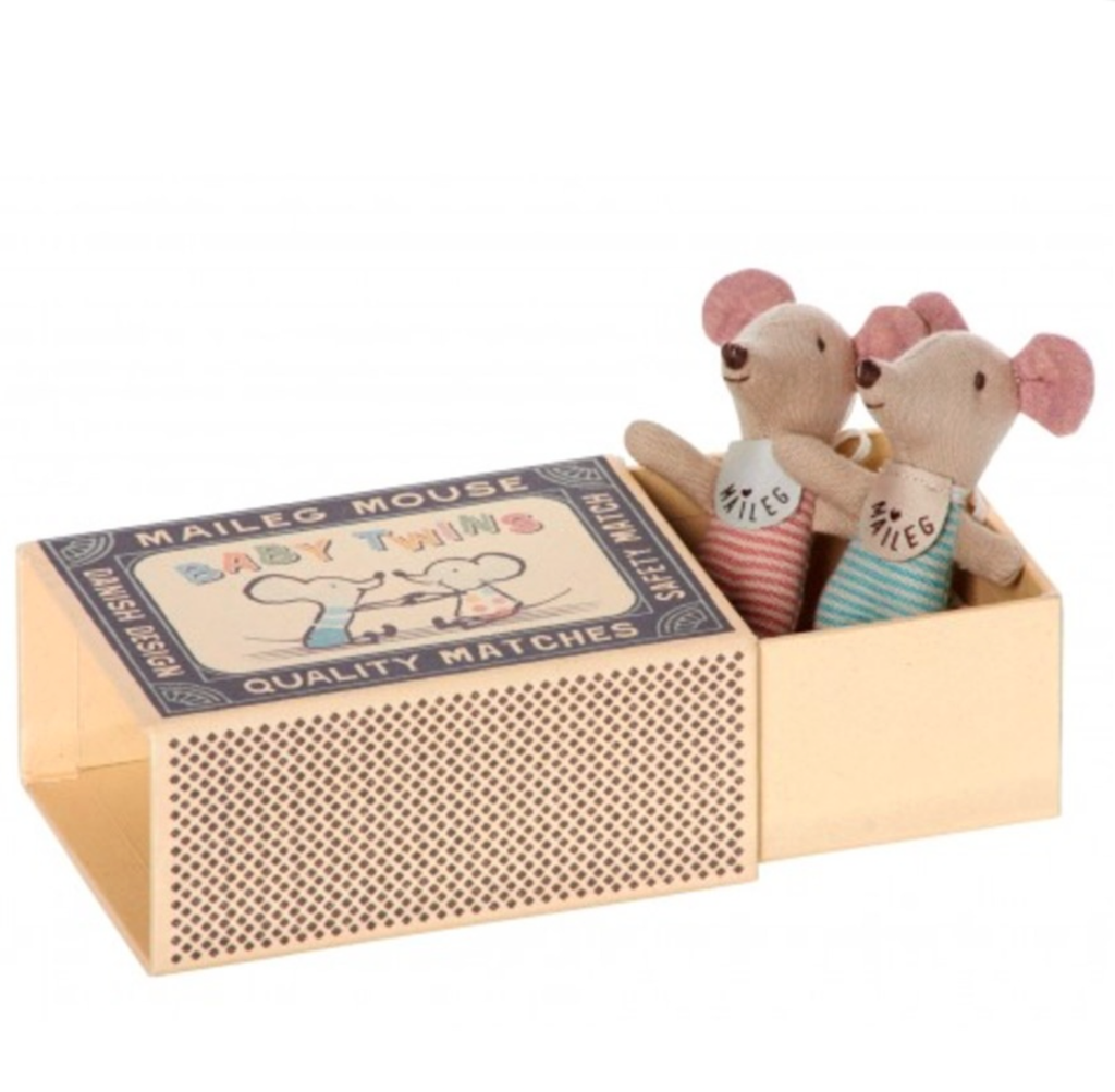 Matchbox bed with twin baby mice little soft toys from Maileg 
