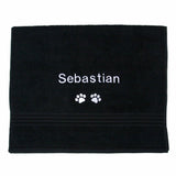 A black medium size Pet Cat Towel Personalised with name and paw prints