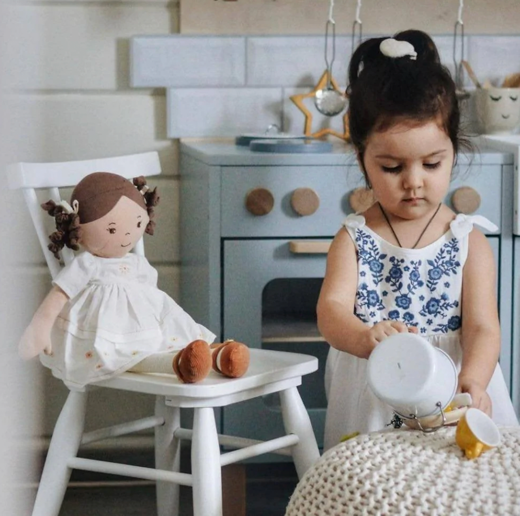 Cecilia Dark Haired Doll in Cream Linen Dress Personalised