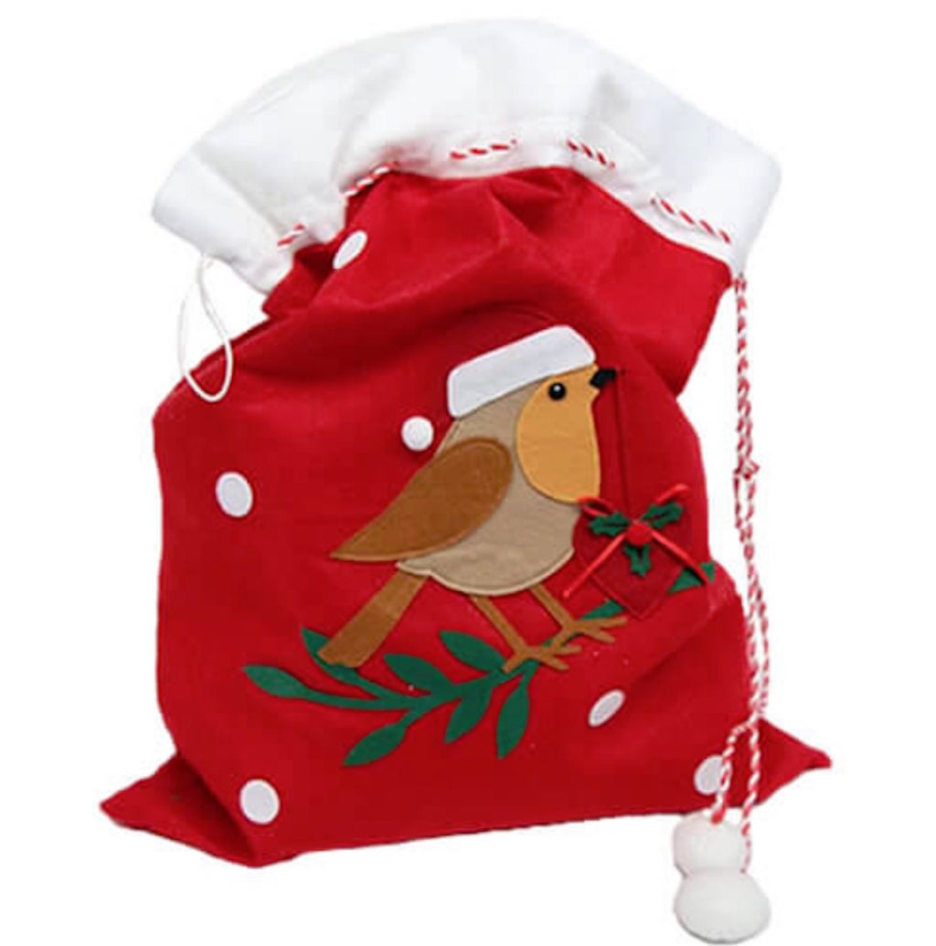 A personalised Red Christmas Robin Sack with Santa Bird on the front where a name can be embrodiered