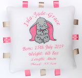 Personalised Dumbo Cushion with beautiful satin ribbons having an embroidered elephant with pink ears 
