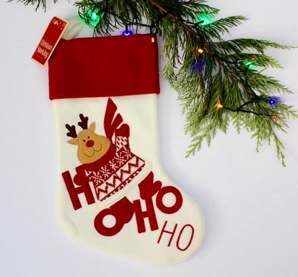 A personalised Ho Ho Ho Reindeer Christmas Stocking 