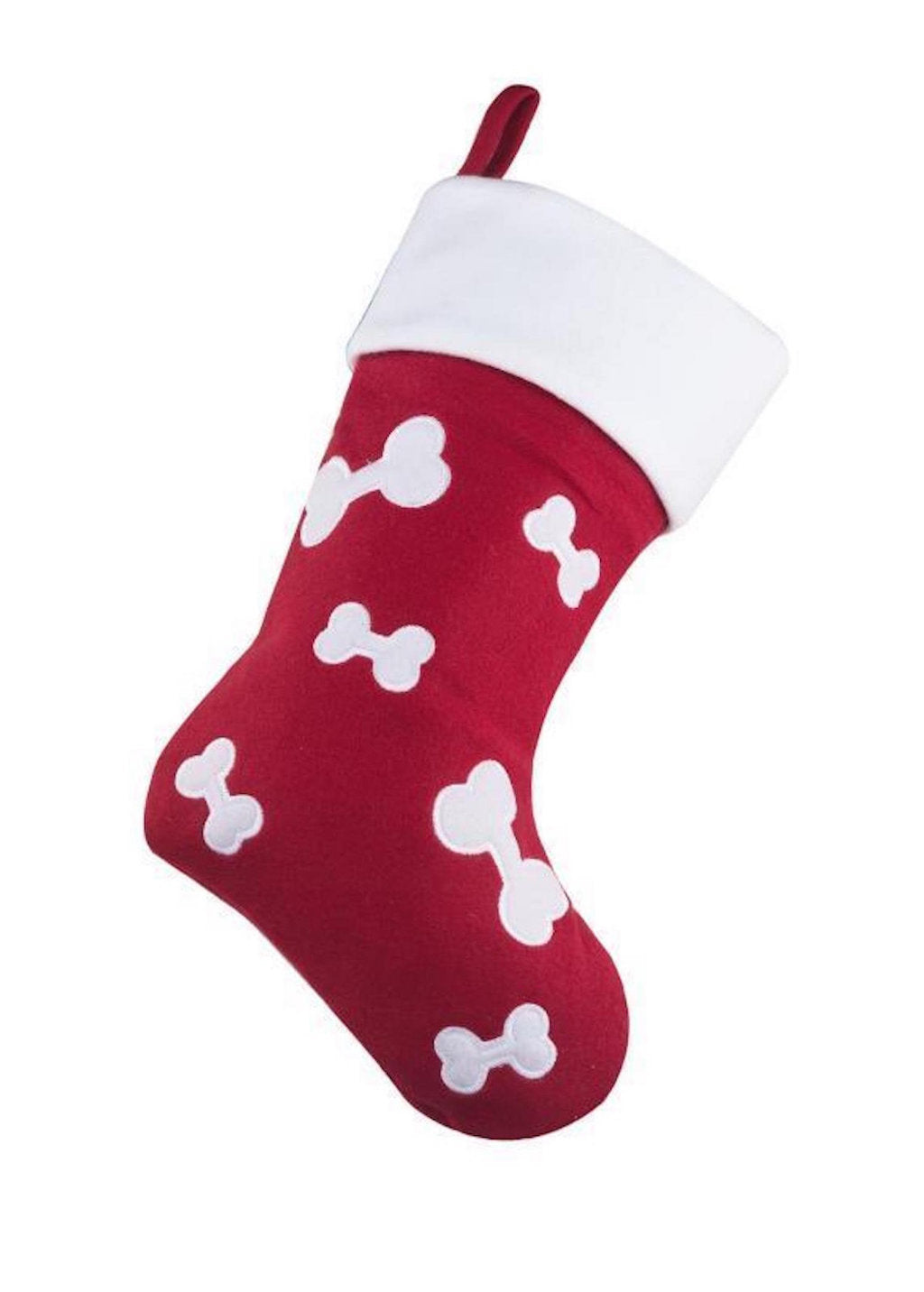 A personalised red Christmas stocking with white bones that can have a name embroidered at the top 