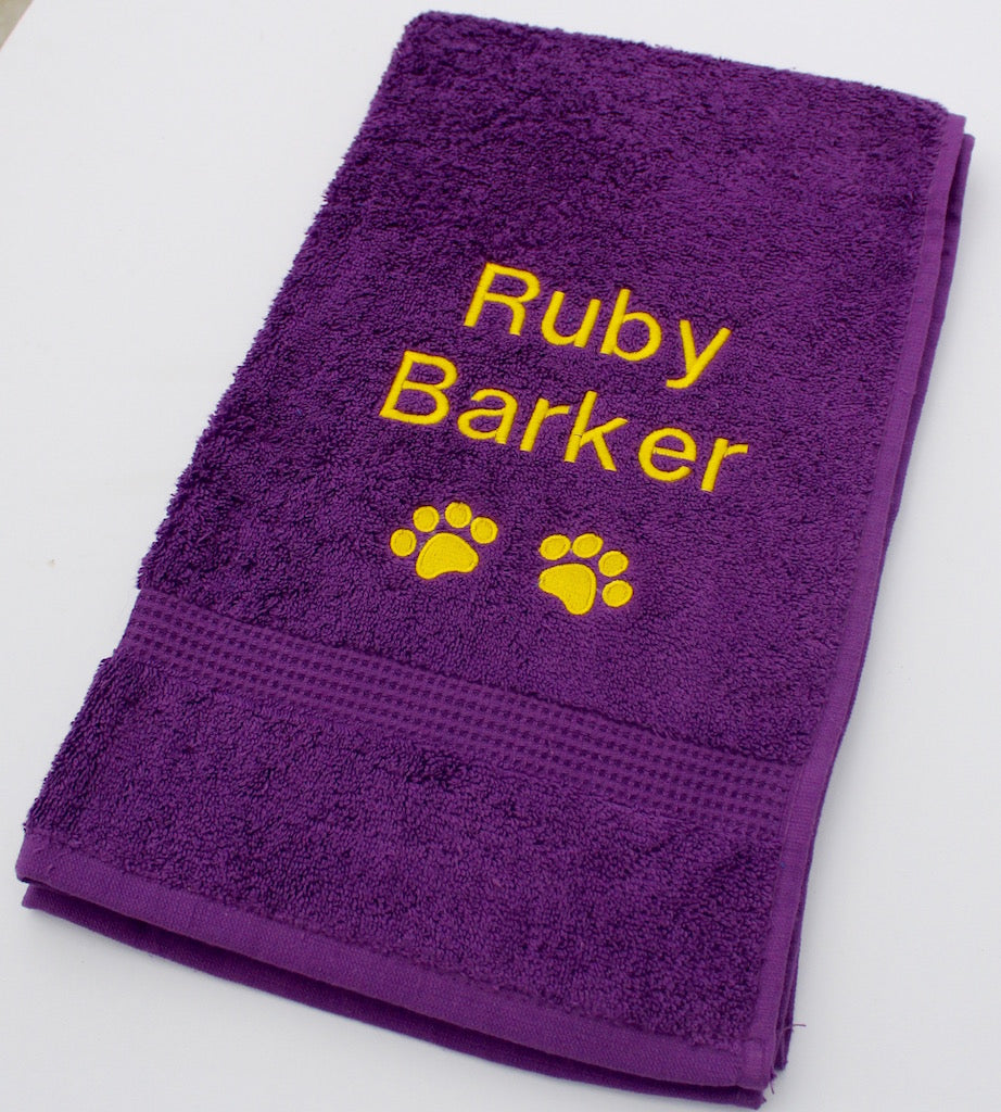 A Large Purple Pet Cat Bath Towel Personalised with Gold name and paw prints