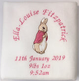 A folded beautifully handmade personalised and embroidered Beatrix Potter Flopsy Bunny Blanket with name and date around the bunny  
