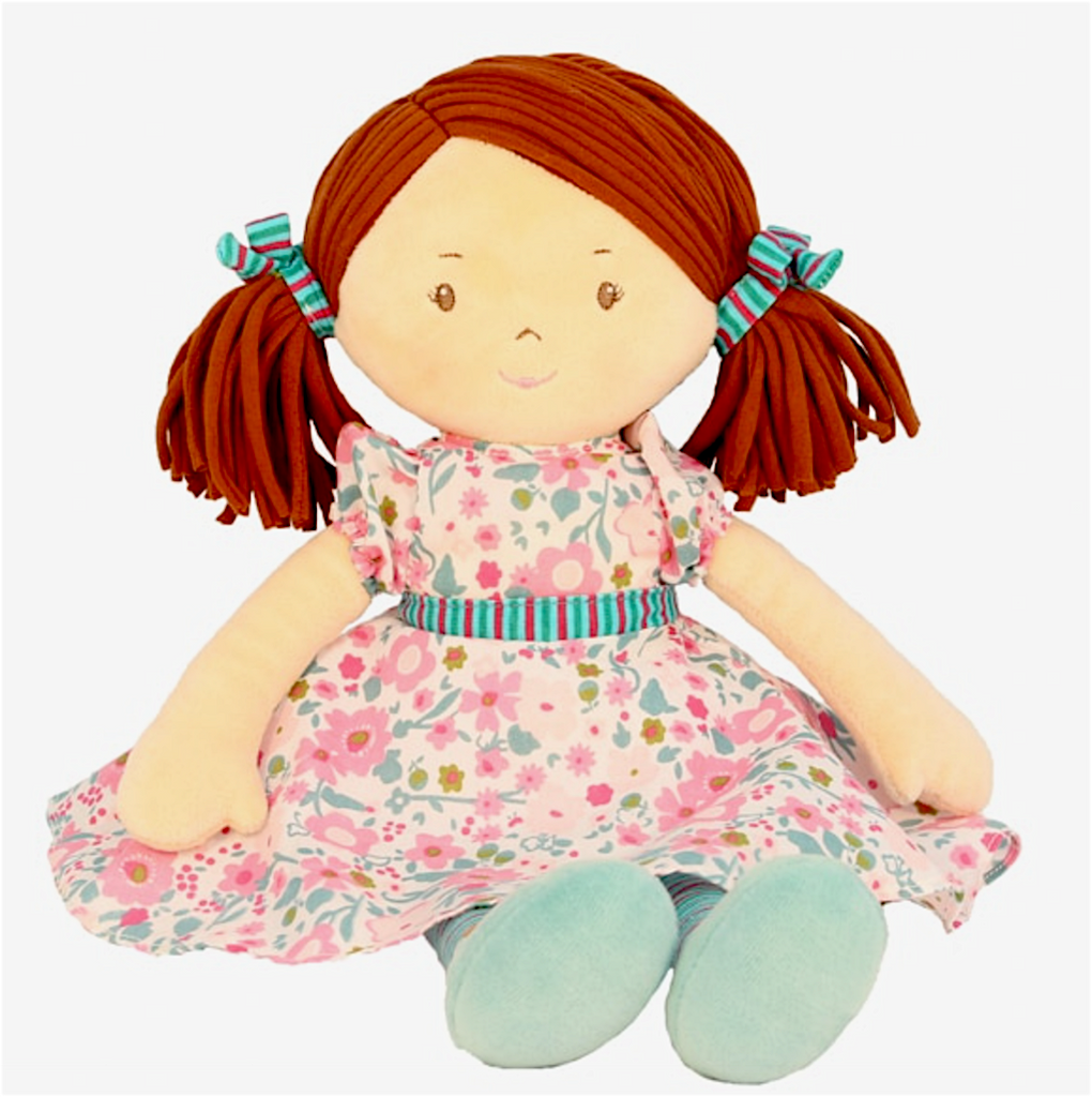 A Fran Rag Doll from Bonikka with a beautiful flowery dress, brown hair and personalisation 