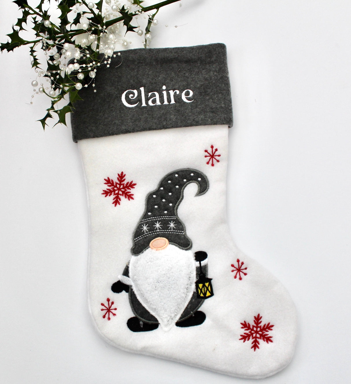 Gnome Santa Deluxe Christmas Grey Stocking - Personalised