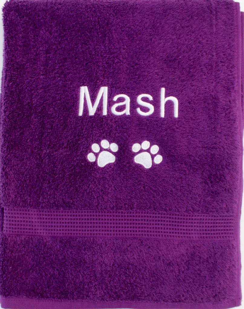 A purple medium size Pet Cat Towel Personalised with name and paw prints