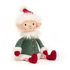 A plush toy depicting a Leffy Elf with a green coat, white and red mittens, and a Santa hat.