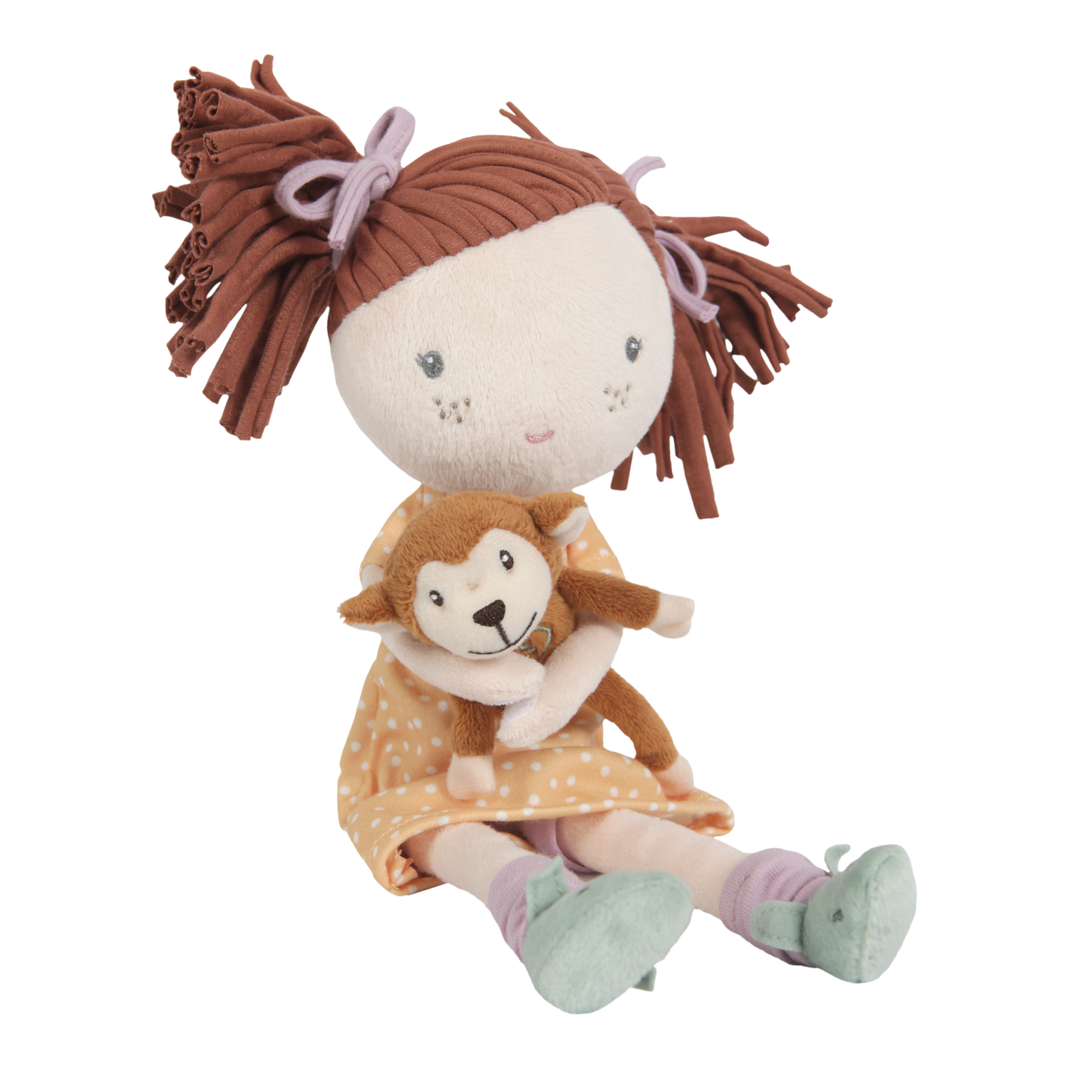 Little Dutch Sophia rag doll with brown hair, polka dot dress and monkey toy