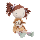 Little Dutch Sophia rag doll with brown hair, polka dot dress and monkey toy