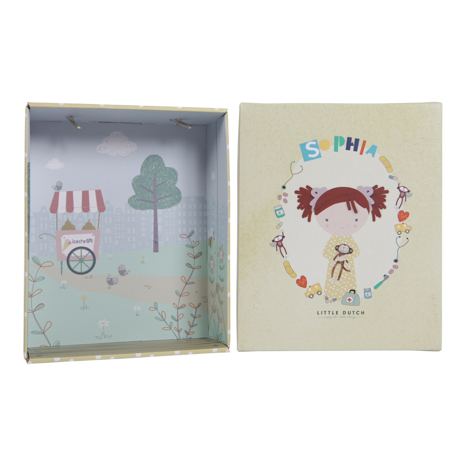 Cuddly Doll Sophia soft toy displayed in Little Dutch gift packaging