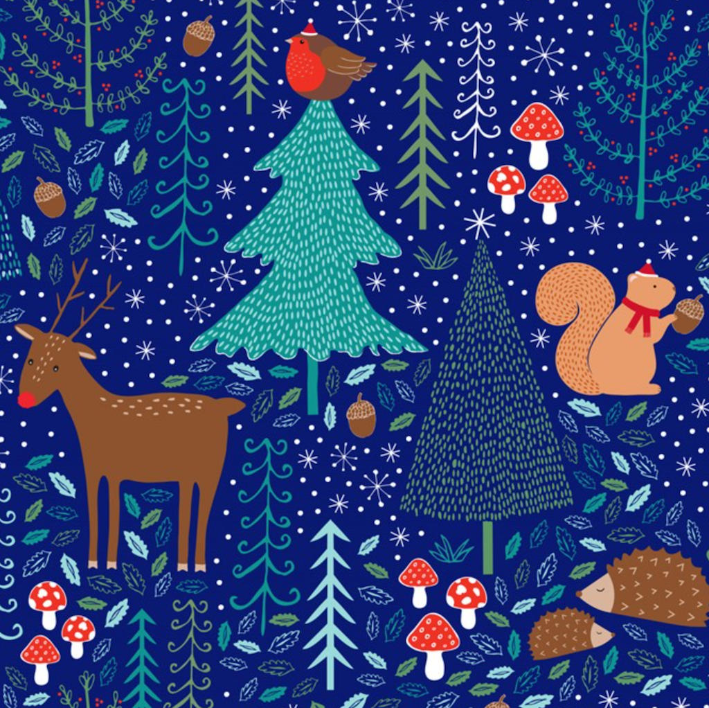 Close up of a Beautiful Midnight Woodland Wrapping Paper with deer, squirrels and mushrooms on blue paper 