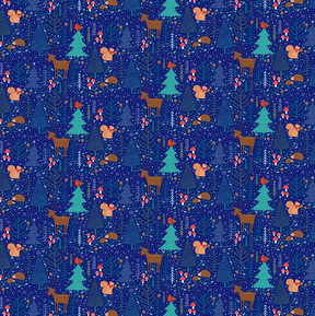 Beautiful Midnight Woodland Wrapping Paper with deer, squirrels and mushrooms on blue paper trees and 
