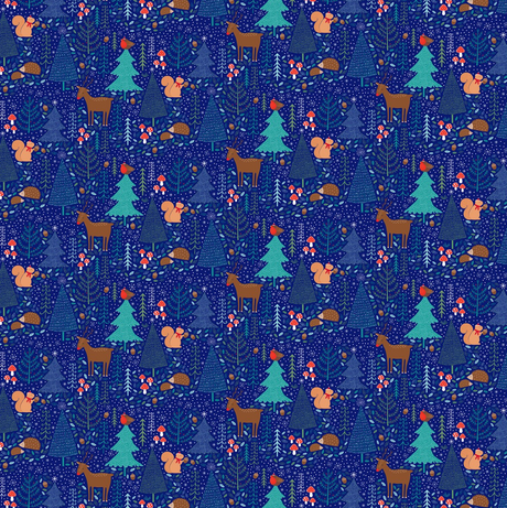 Beautiful Midnight Woodland Wrapping Paper with deer, squirrels and mushrooms on blue paper trees and 