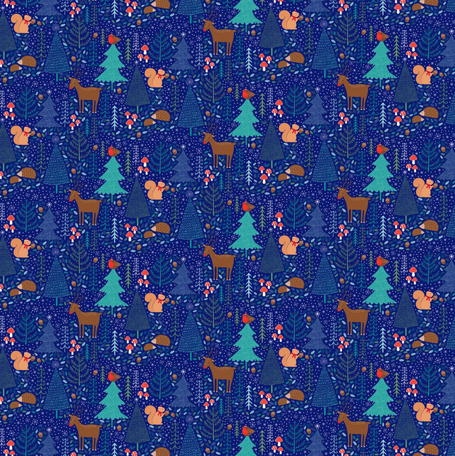 Beautiful Midnight Woodland Wrapping Paper with deer, squirrels and mushrooms on blue paper trees and 