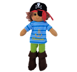 Powell Craft Rag Doll Pirate at 40cm tall with skull and crossbone hat, eye patch,  blue and white stripped shirt and green pants