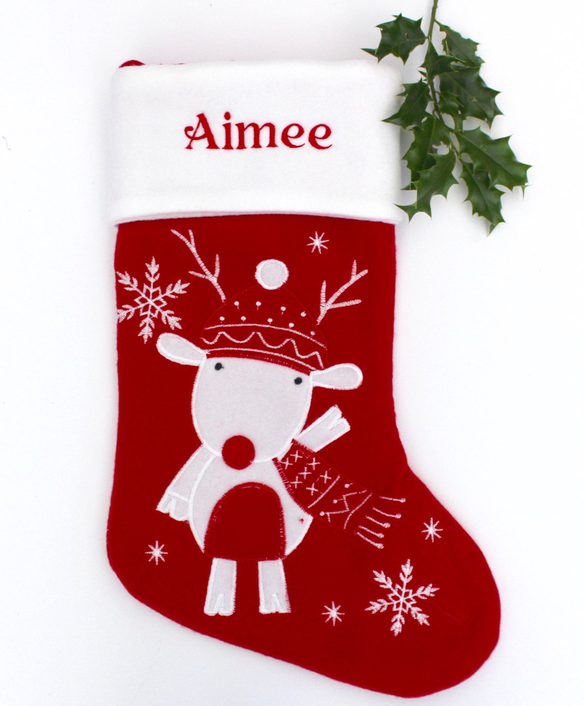 Red Personalised Nordic Reindeer Christmas Stocking with name embroidered at the top