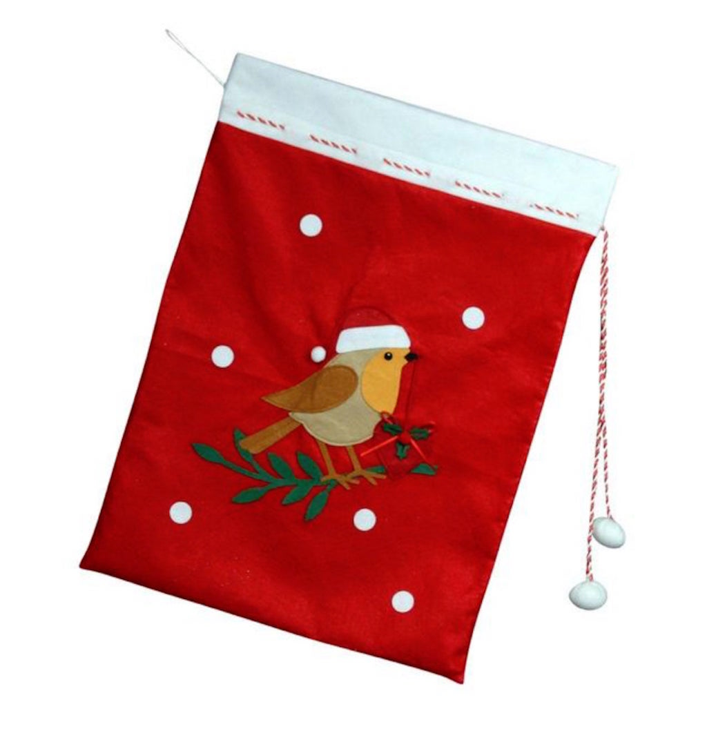 An angle picture of a personalised red Christmas Robin Sack with Santa Bird on the front where a name can be embrodiered