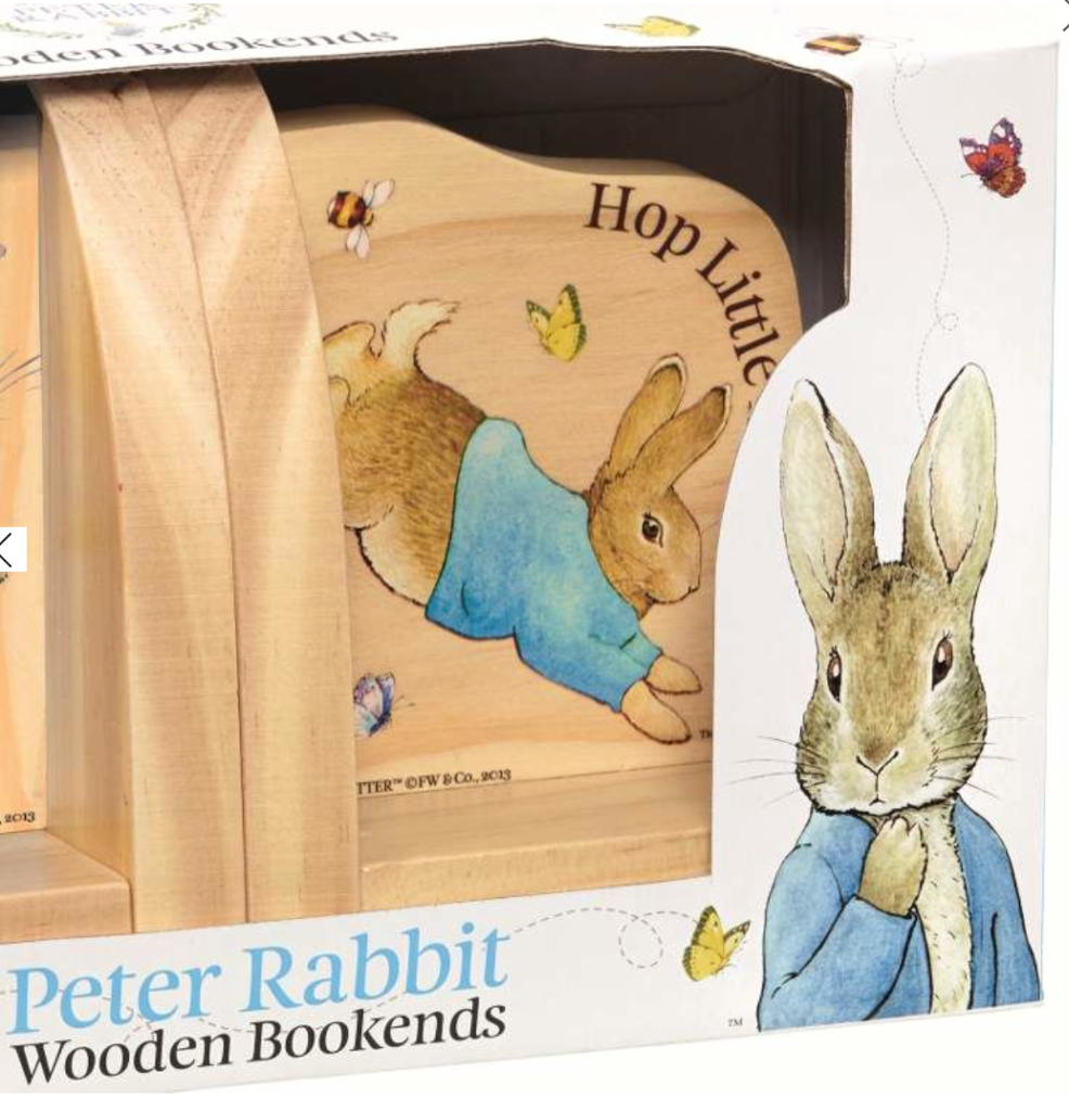 Closeup of Beautiful Peter Rabbit Bookends in colourful box packaging 