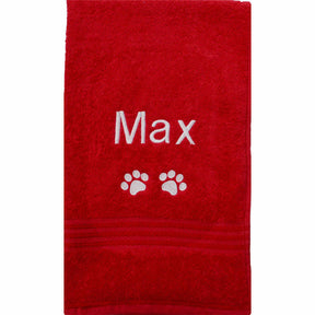 A red medium size  Pet Cat Hand Towel Personalised with Max and paw prints