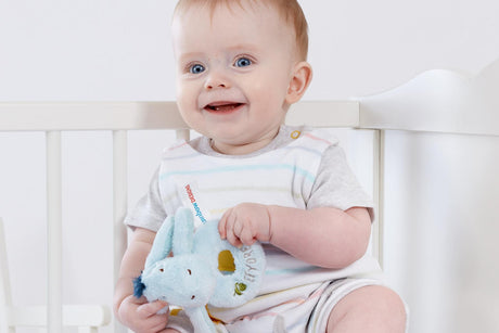 Baby holding a Blue Hundred Acre Wood Eeyore Ring Rattle 